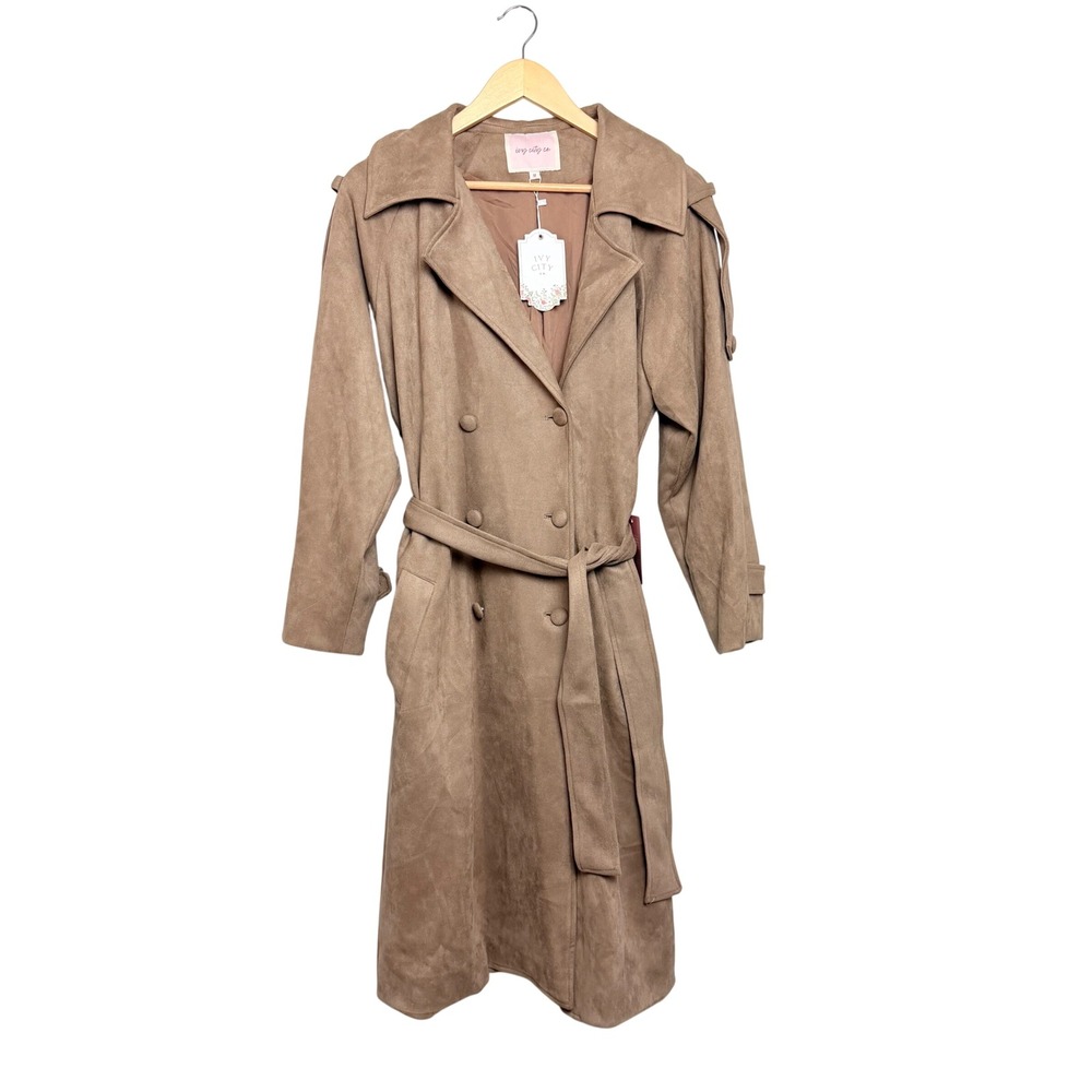 NEW Ivy City Co Womens Tan Faux Suede Double Breasted Belted Trench Coat Medium